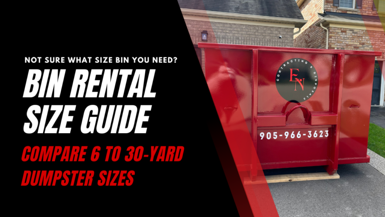 Hero banner promoting the bin rental size guide with a red dumpster and text comparing 6 to 30-yard bins.