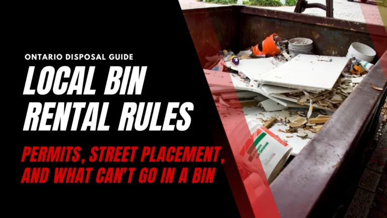 Hero image showing a construction bin filled with drywall and renovation debris, used to introduce local bin rental rules in Ontario, including permits, street placement, and what can’t go in a bin.