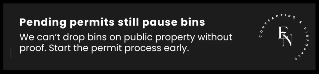 Callout image describing how a dumpster permit in Hamilton must be approved before a bin is delivered.