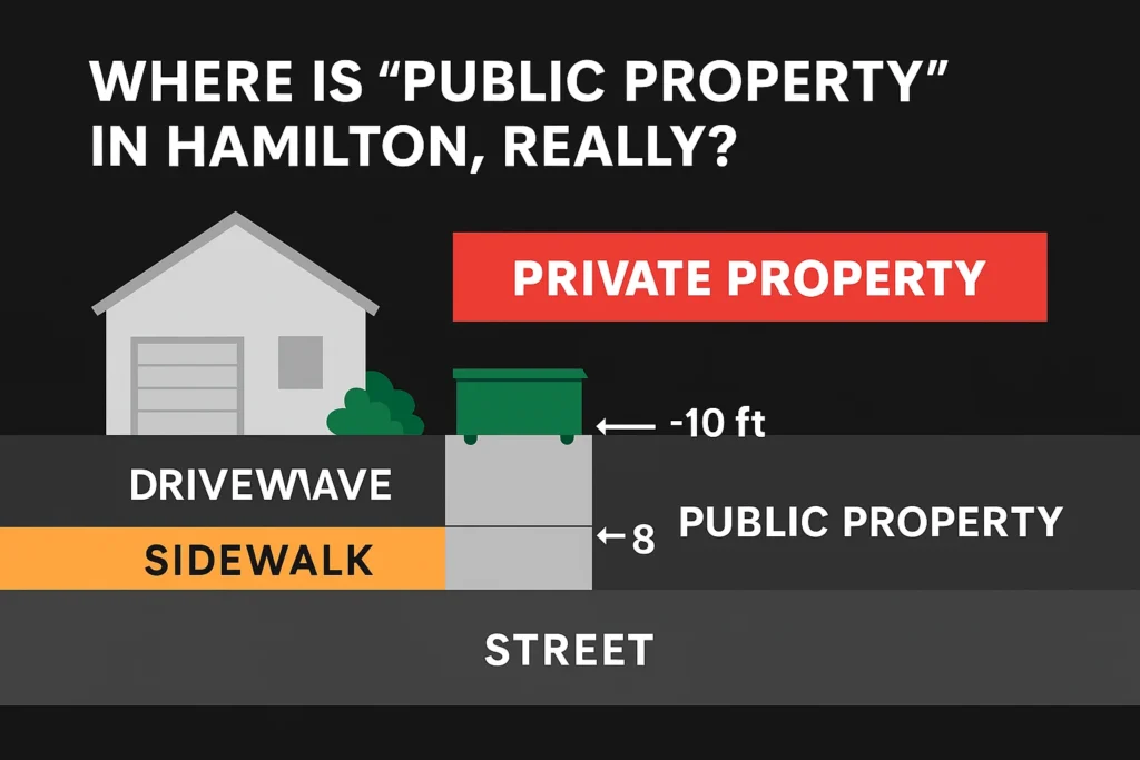 Infographic showing how driveways, sidewalks, and boulevards are divided between private and public property in Hamilton.