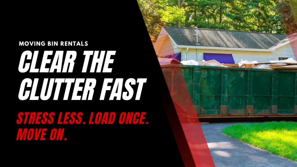 A clean hero banner for a blog post about moving bin rental, showing a driveway bin and bold callout to simplify the moving process.