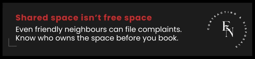 Callout visual highlighting risks of using shared spaces without understanding Hamilton bin bylaw regulations.